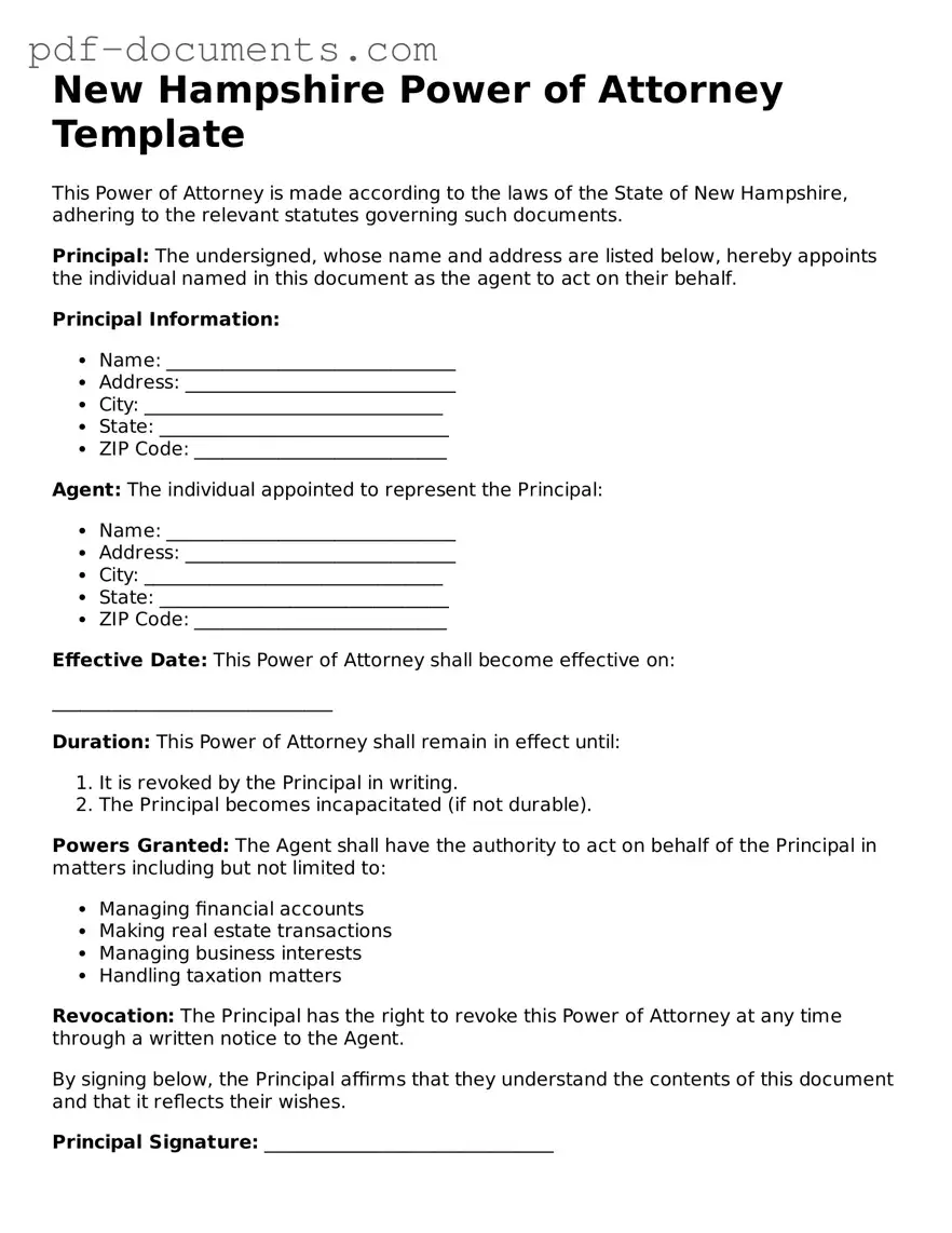 Legal Power of Attorney Template for the State of New Hampshire