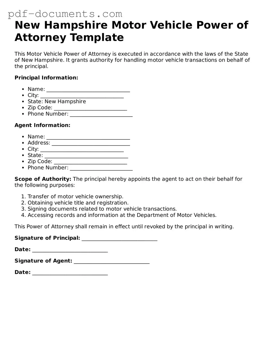 Legal Motor Vehicle Power of Attorney Template for the State of New Hampshire