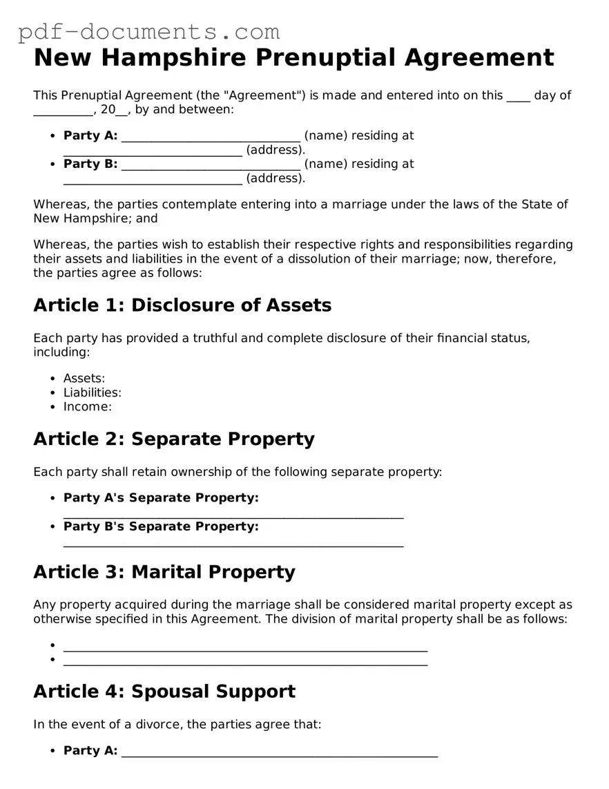 Legal Prenuptial Agreement Template for the State of New Hampshire