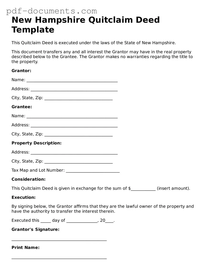 Legal Quitclaim Deed Template for the State of New Hampshire
