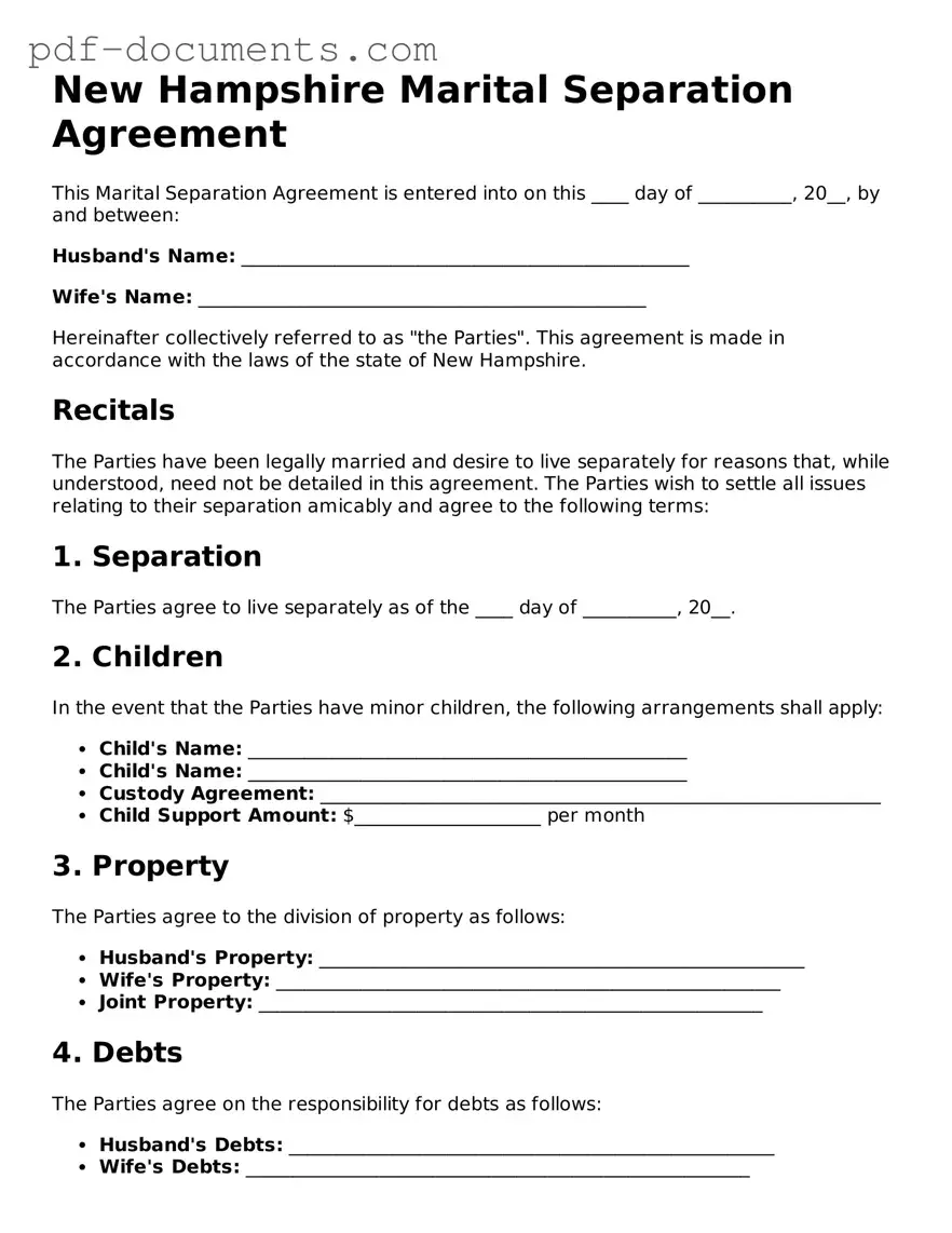 Legal Marital Separation Agreement Template for the State of New Hampshire