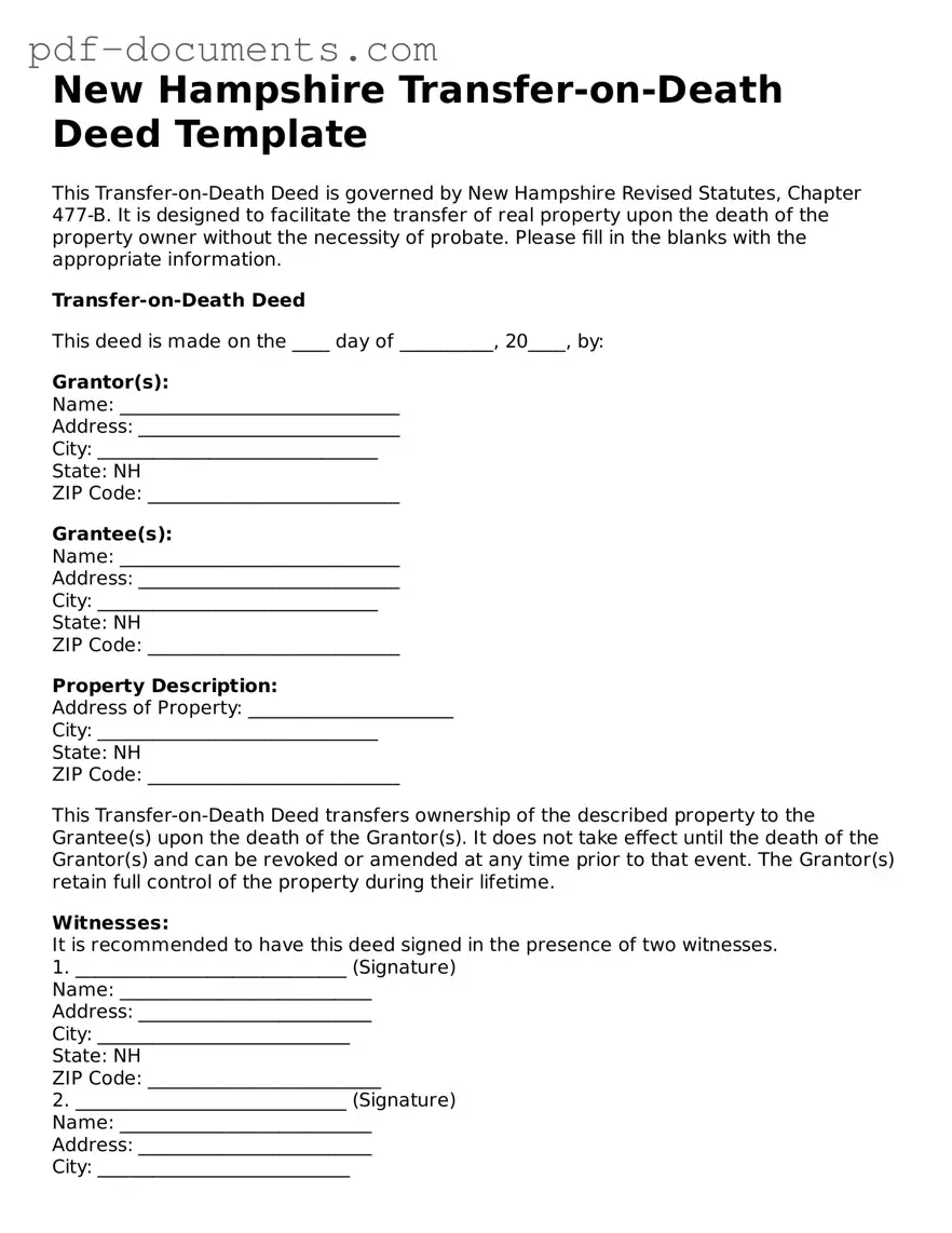 Legal Transfer-on-Death Deed Template for the State of New Hampshire