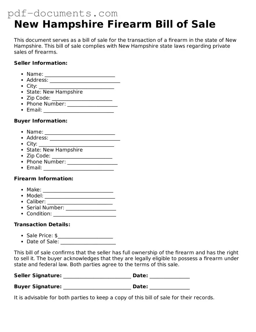 Legal Firearm Bill of Sale Template for the State of New Hampshire