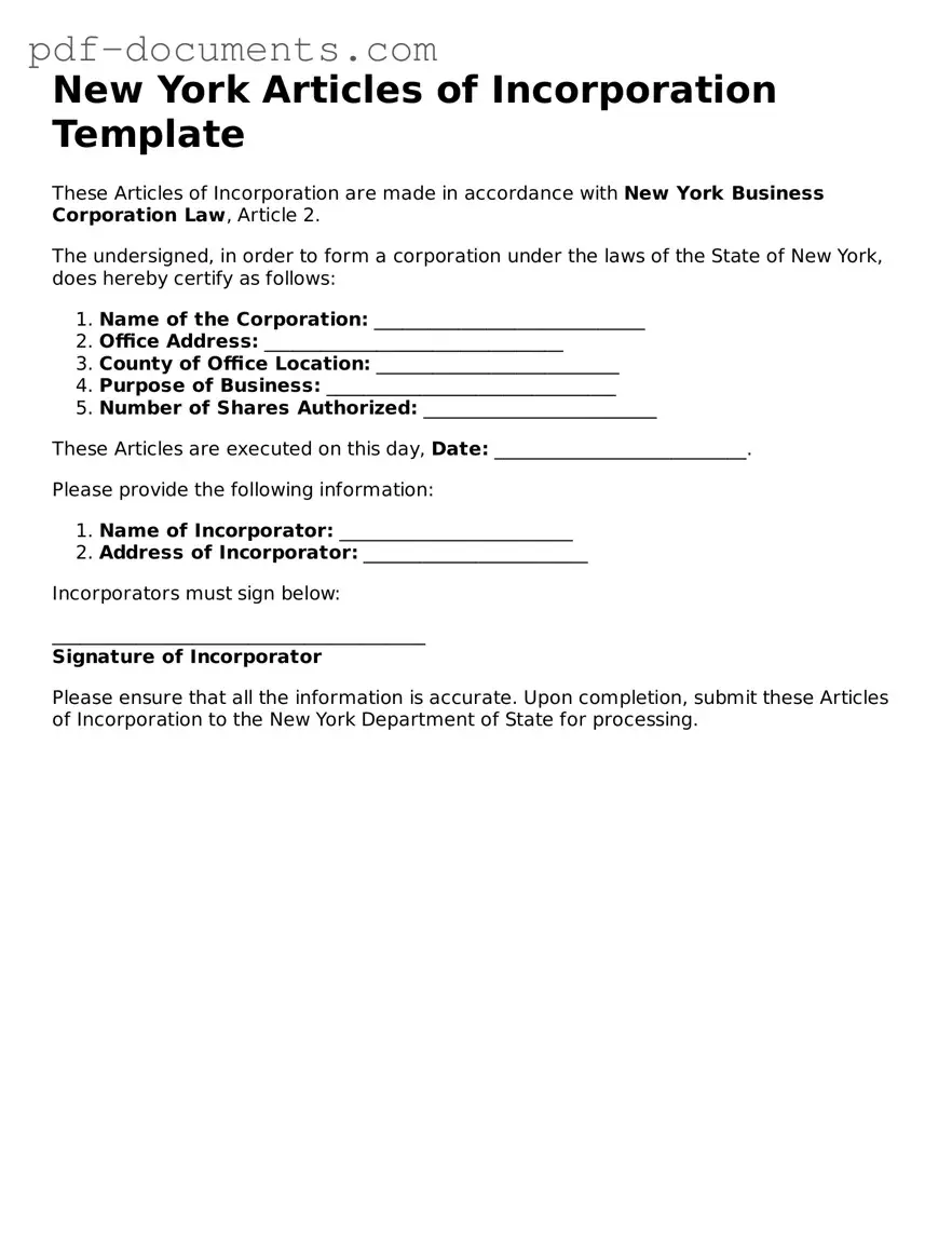 Legal Articles of Incorporation Template for the State of New York