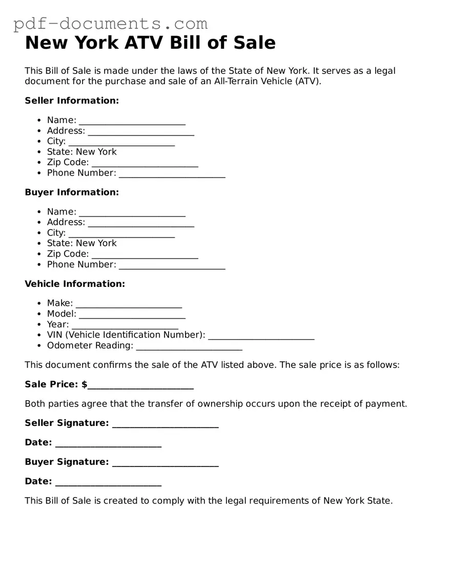 Legal ATV Bill of Sale Template for the State of New York