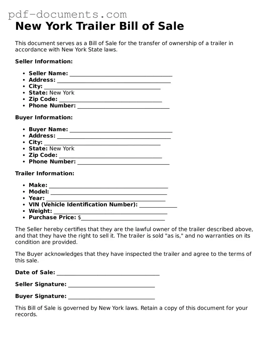 Legal Trailer Bill of Sale Template for the State of New York