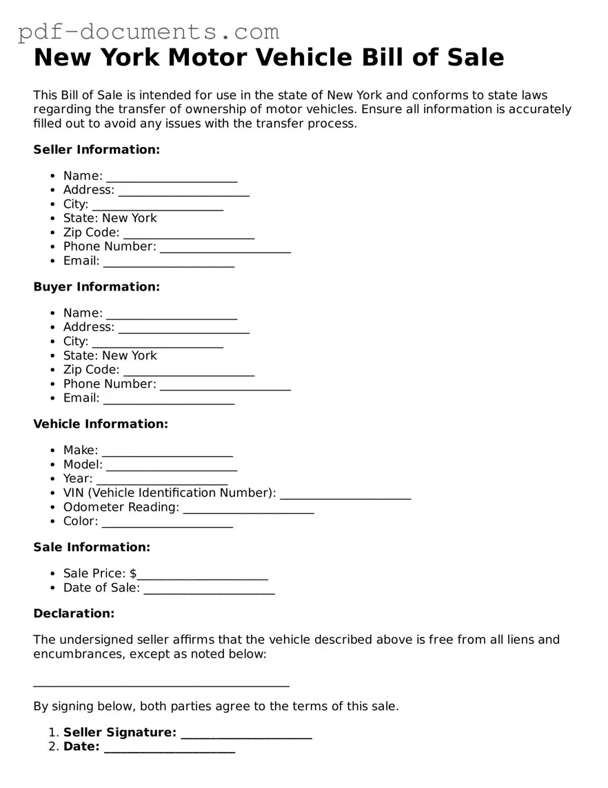 Legal Motor Vehicle Bill of Sale Template for the State of New York