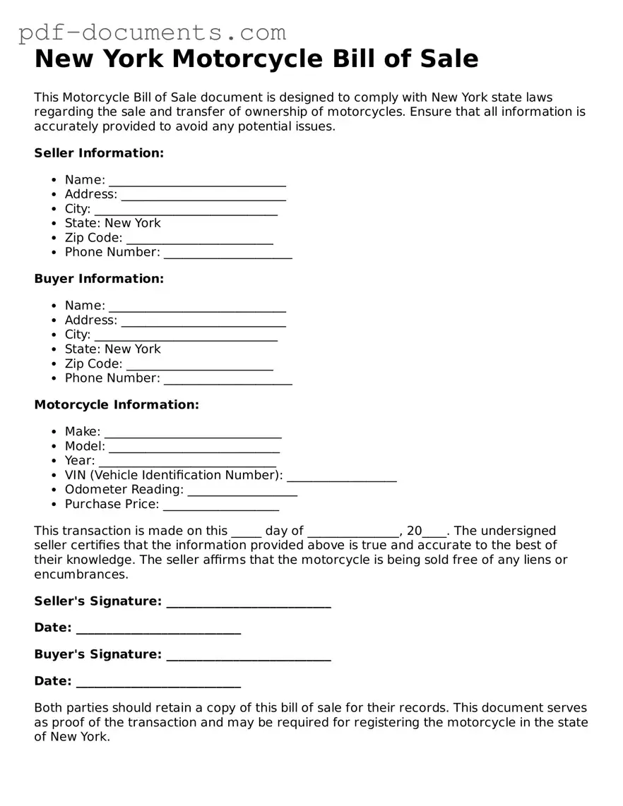 Legal Motorcycle Bill of Sale Template for the State of New York