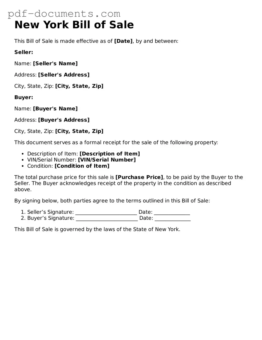 Legal Bill of Sale Template for the State of New York