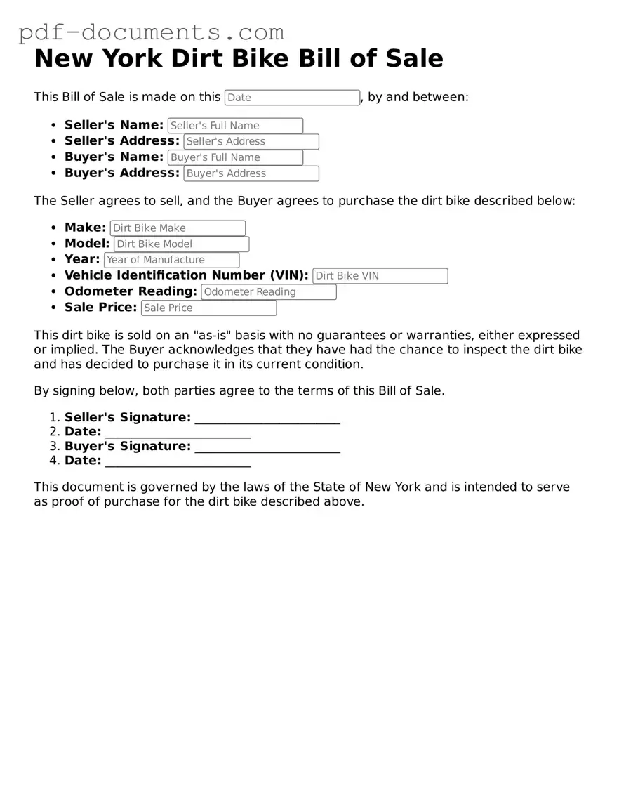 Legal Dirt Bike Bill of Sale Template for the State of New York