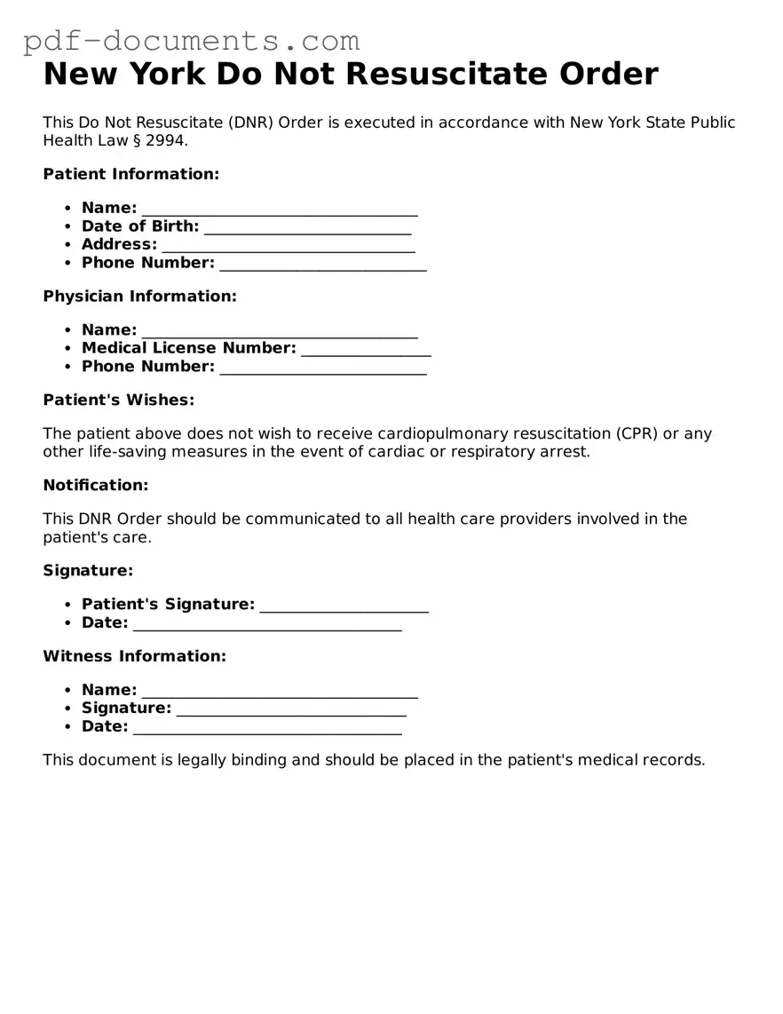 Legal Do Not Resuscitate Order Template for the State of New York