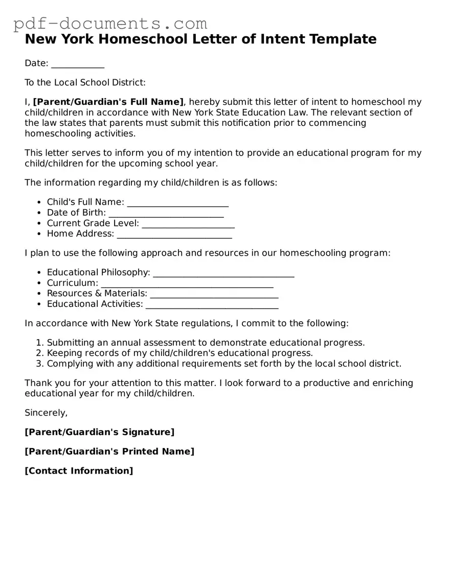 Legal Homeschool Letter of Intent Template for the State of New York