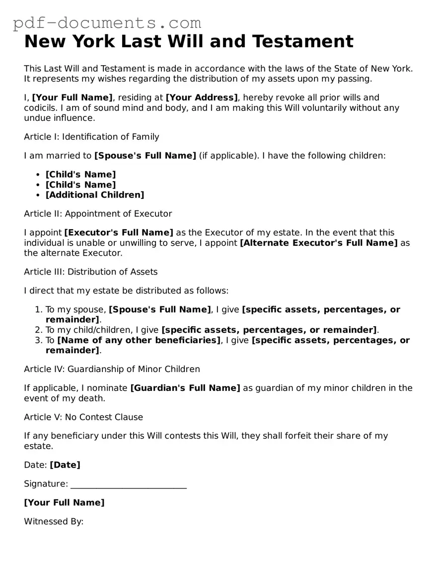 Legal Last Will and Testament Template for the State of New York