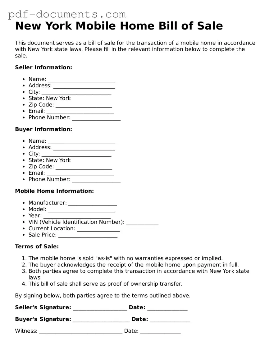 Legal Mobile Home Bill of Sale Template for the State of New York