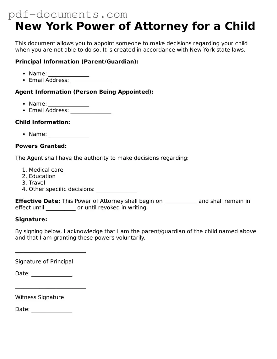 Legal Power of Attorney for a Child Template for the State of New York