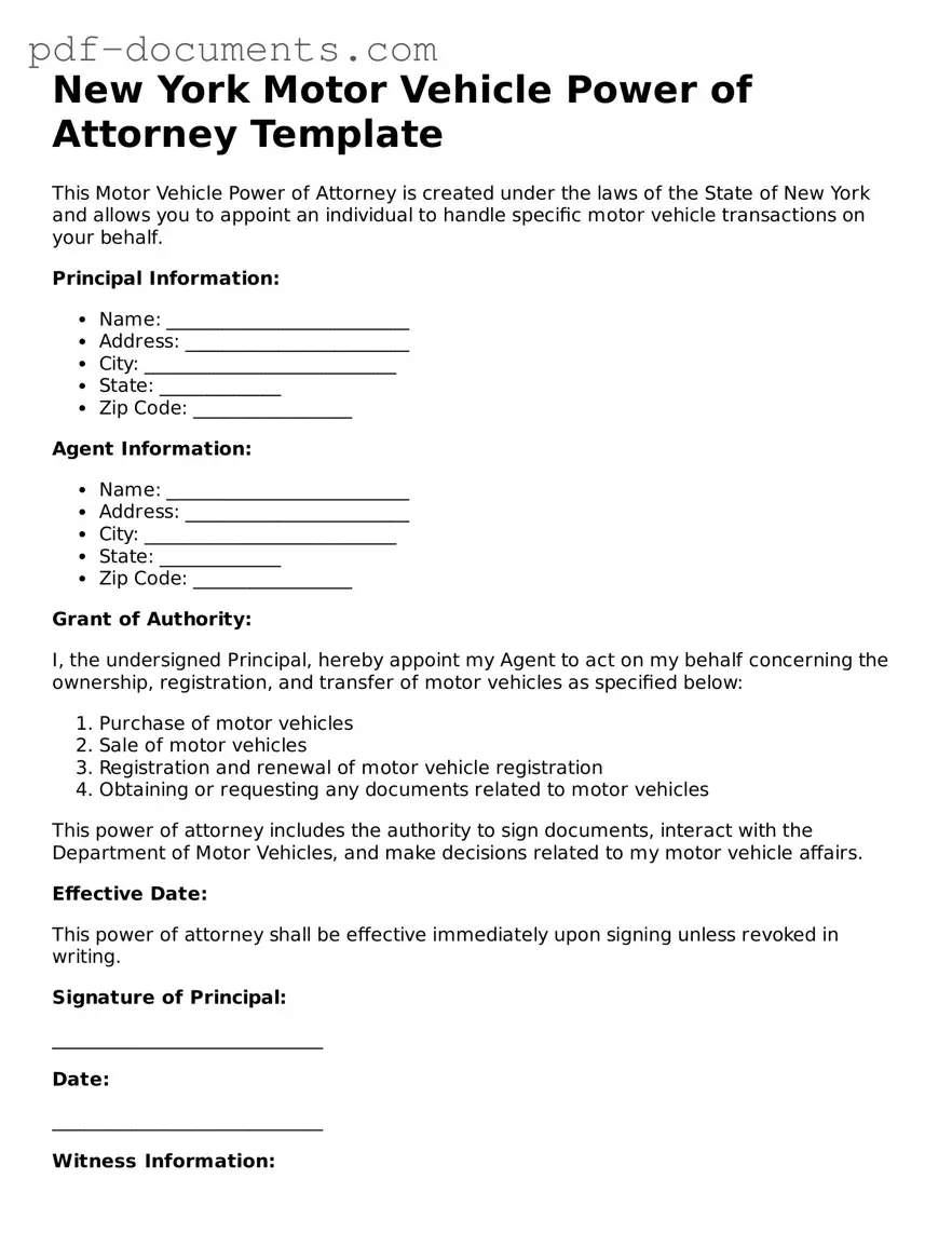 Legal Motor Vehicle Power of Attorney Template for the State of New York