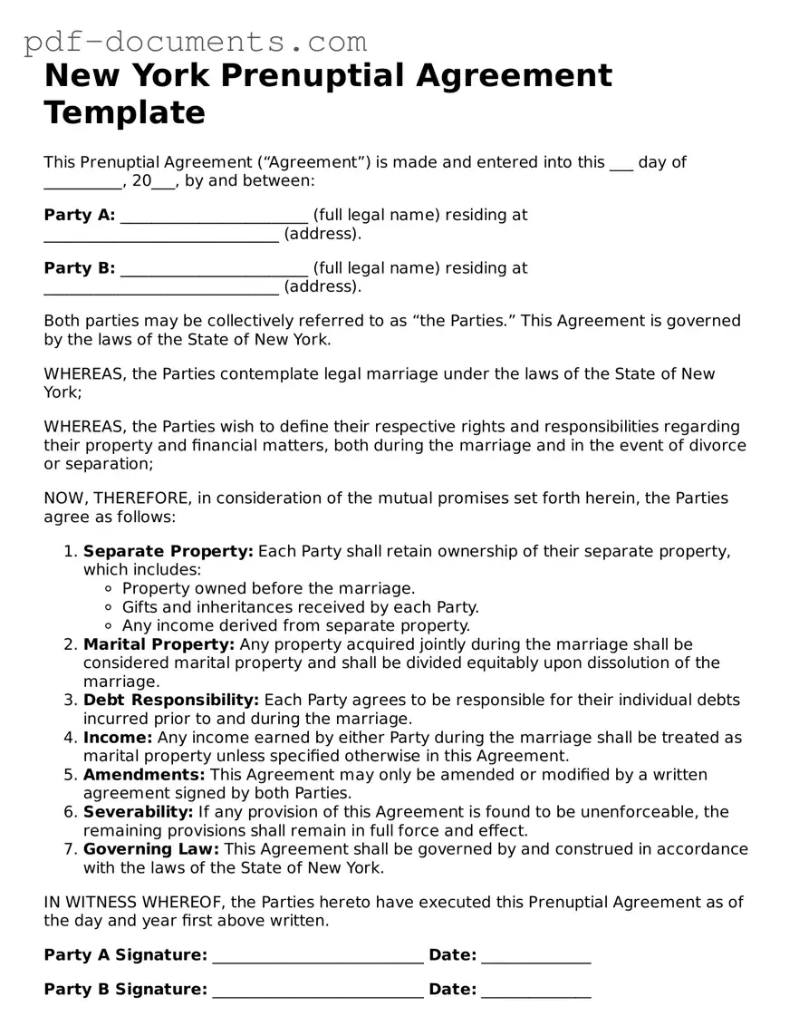 Legal Prenuptial Agreement Template for the State of New York