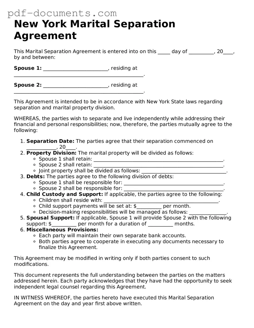Legal Marital Separation Agreement Template for the State of New York