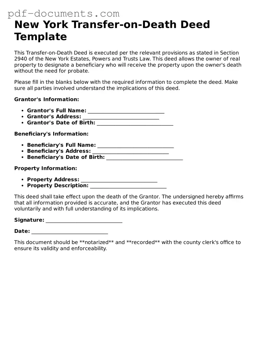 Legal Transfer-on-Death Deed Template for the State of New York