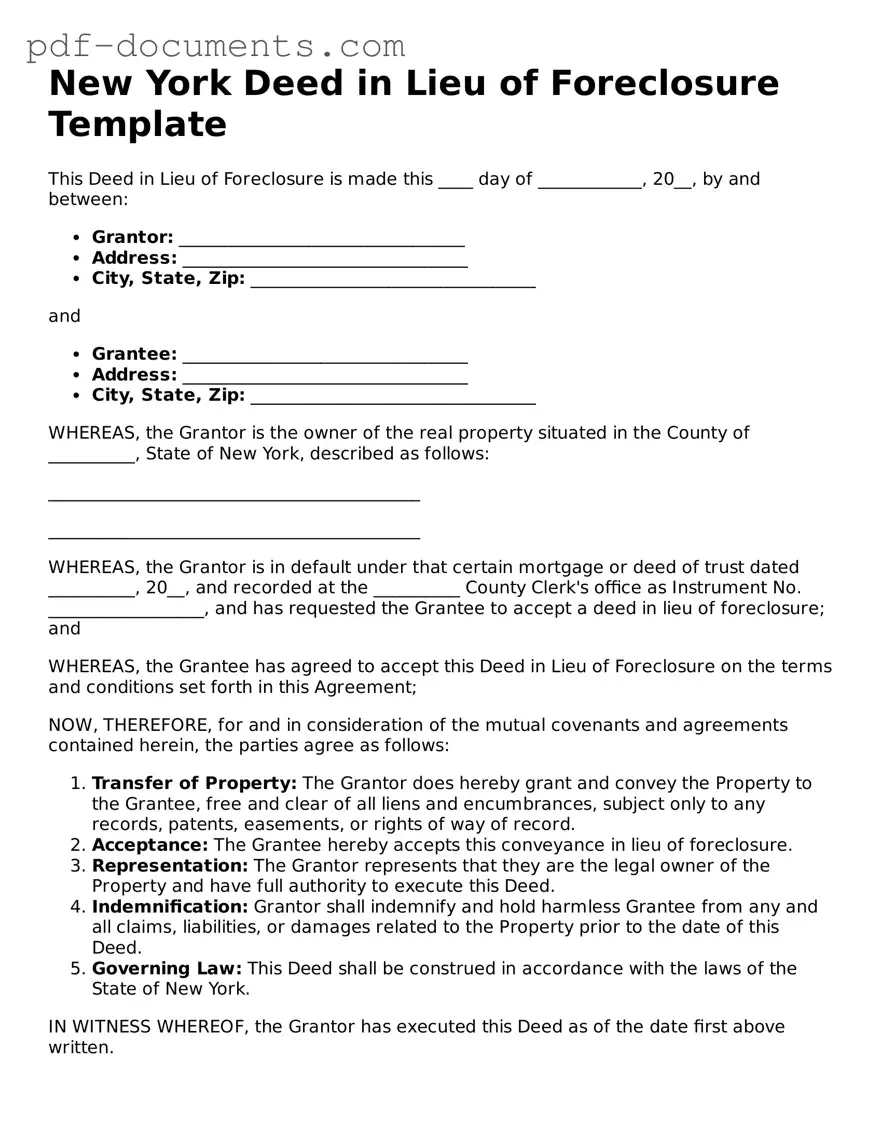 Legal Deed in Lieu of Foreclosure Template for the State of New York