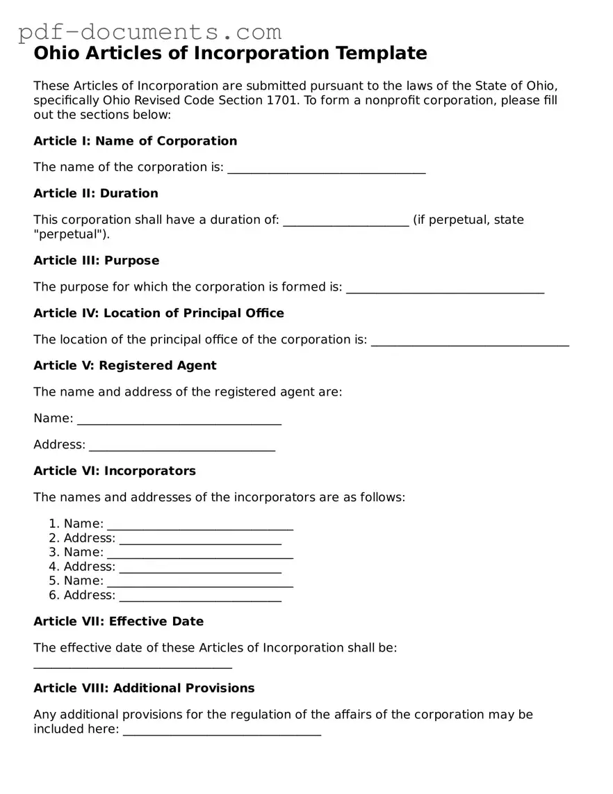 Legal Articles of Incorporation Template for the State of Ohio