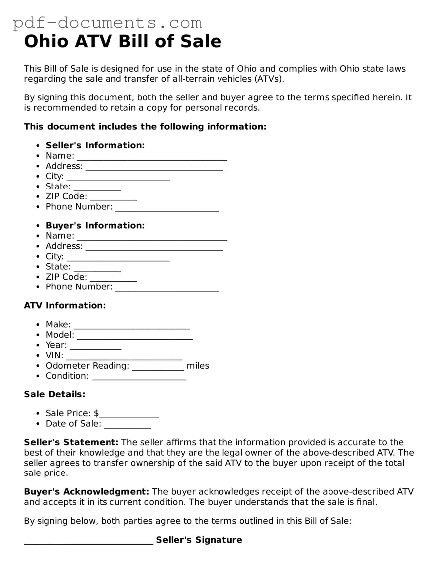 Legal ATV Bill of Sale Template for the State of Ohio