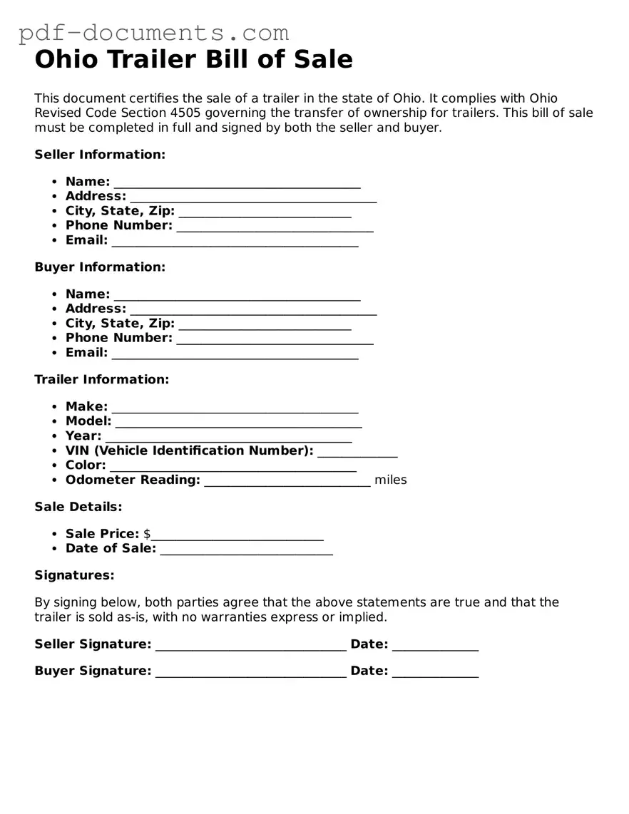 Legal Trailer Bill of Sale Template for the State of Ohio