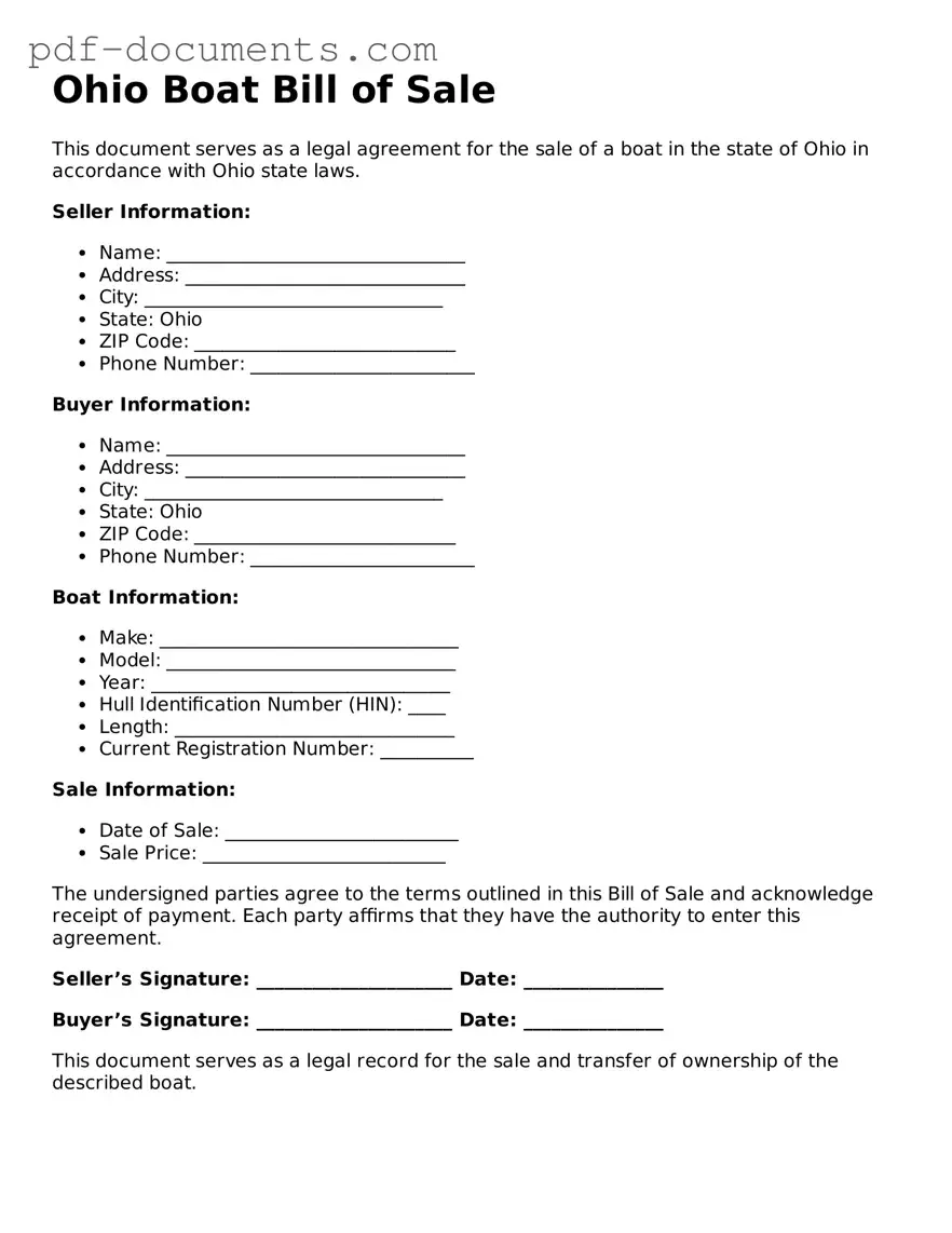 Legal Boat Bill of Sale Template for the State of Ohio