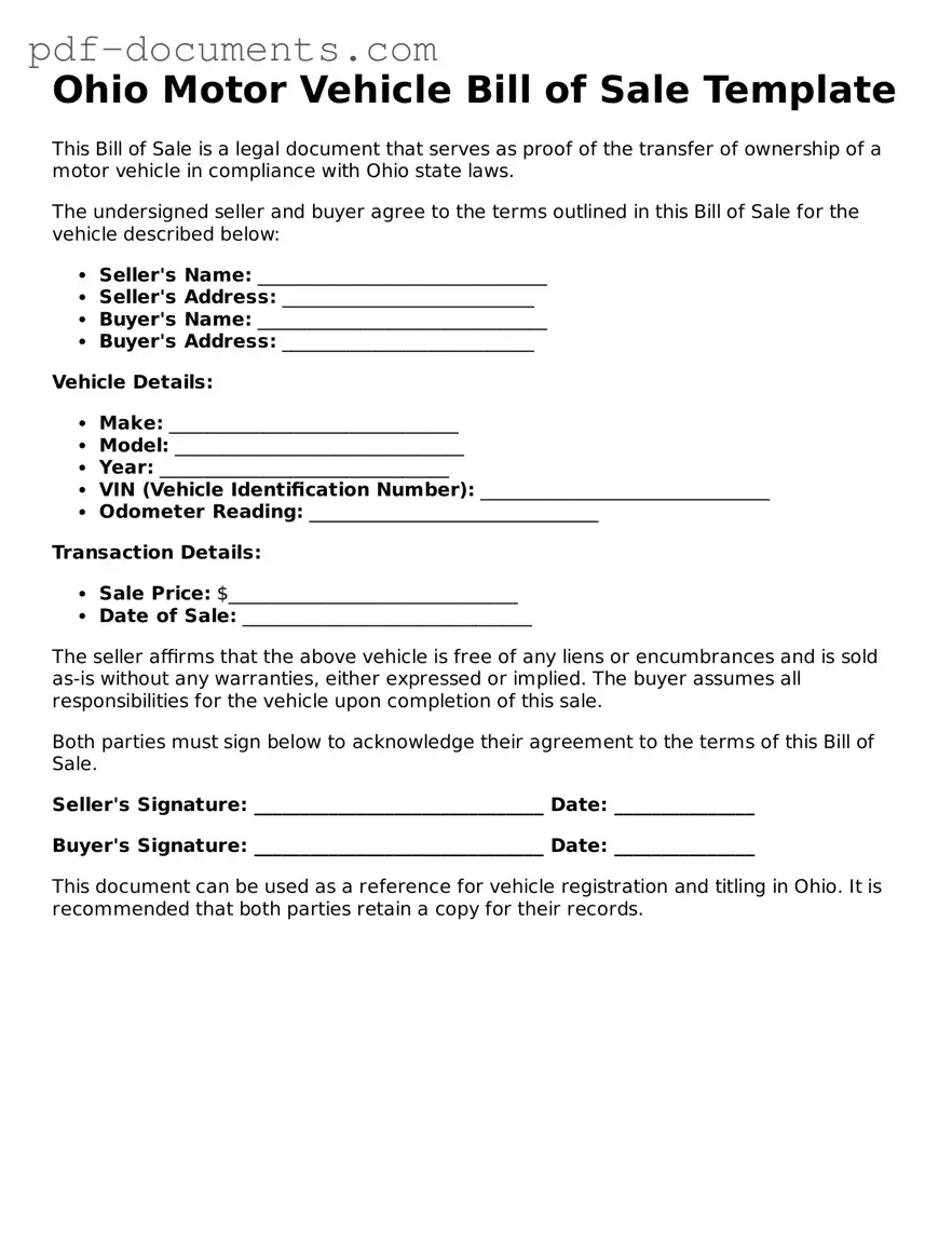 Legal Motor Vehicle Bill of Sale Template for the State of Ohio