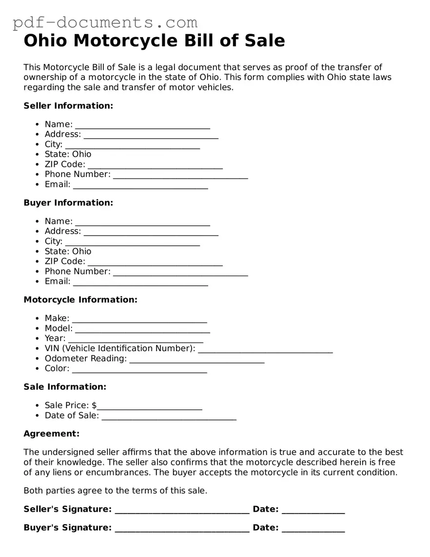 Legal Motorcycle Bill of Sale Template for the State of Ohio