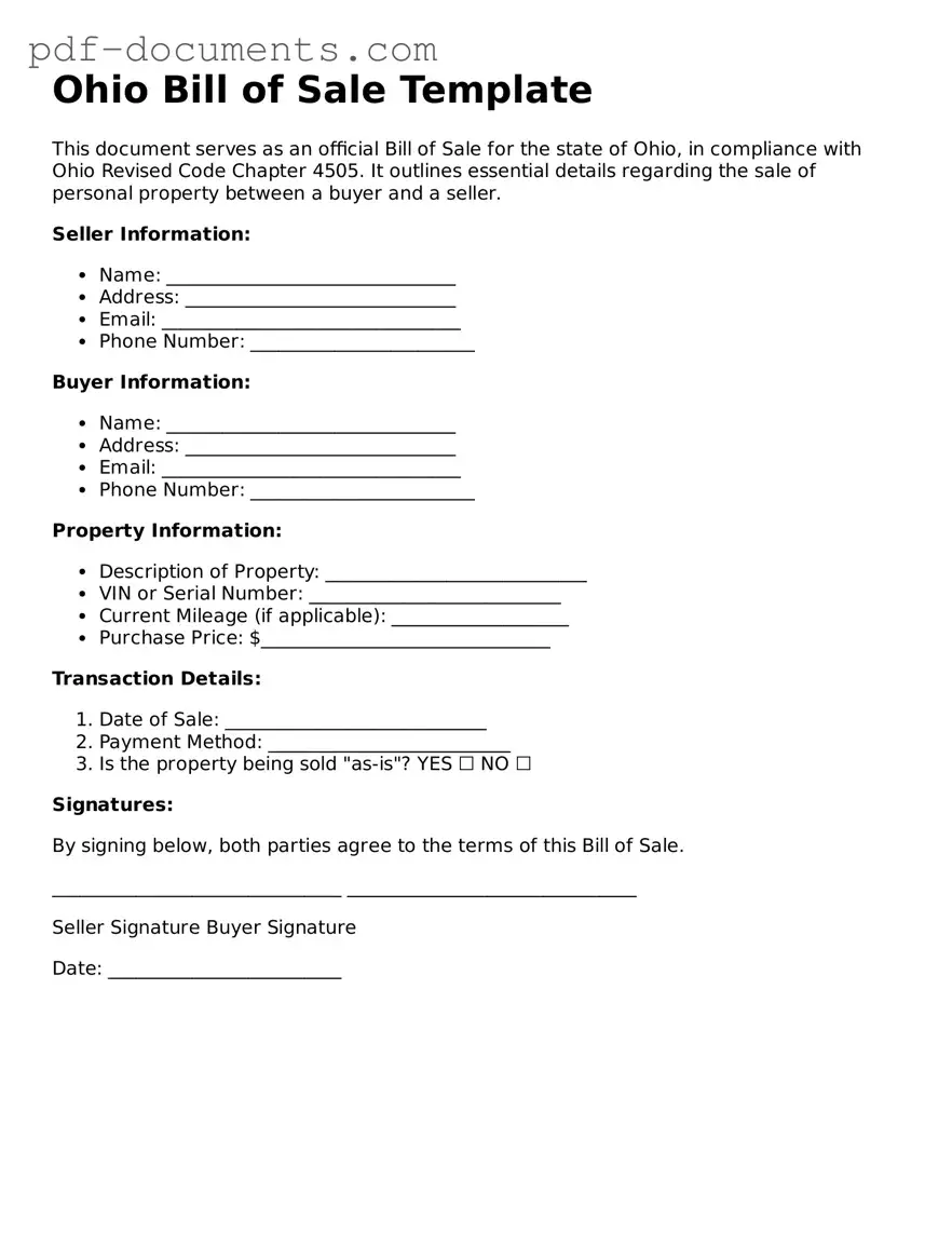 Legal Bill of Sale Template for the State of Ohio