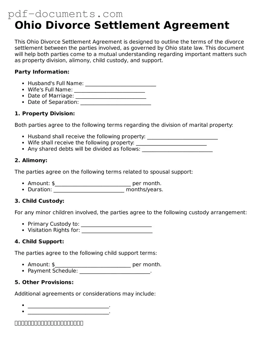 Legal Divorce Settlement Agreement Template for the State of Ohio