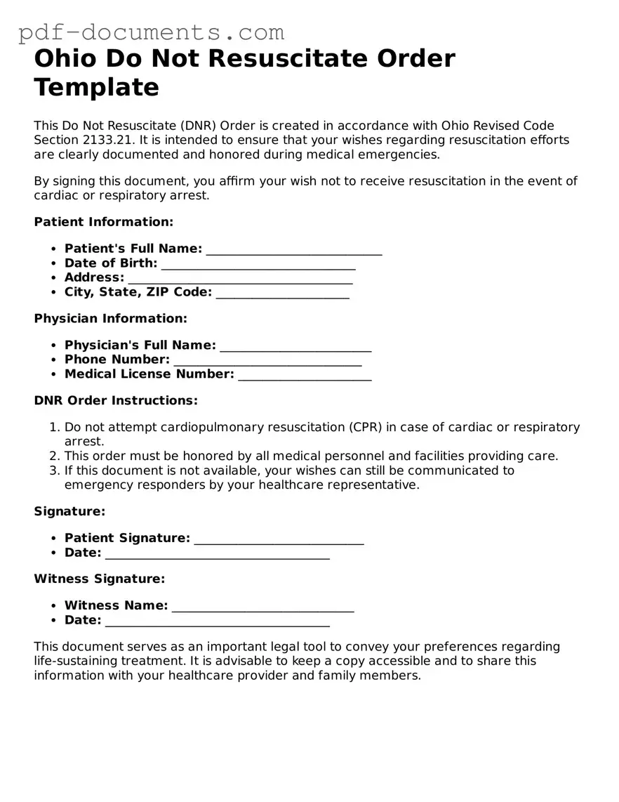 Legal Do Not Resuscitate Order Template for the State of Ohio