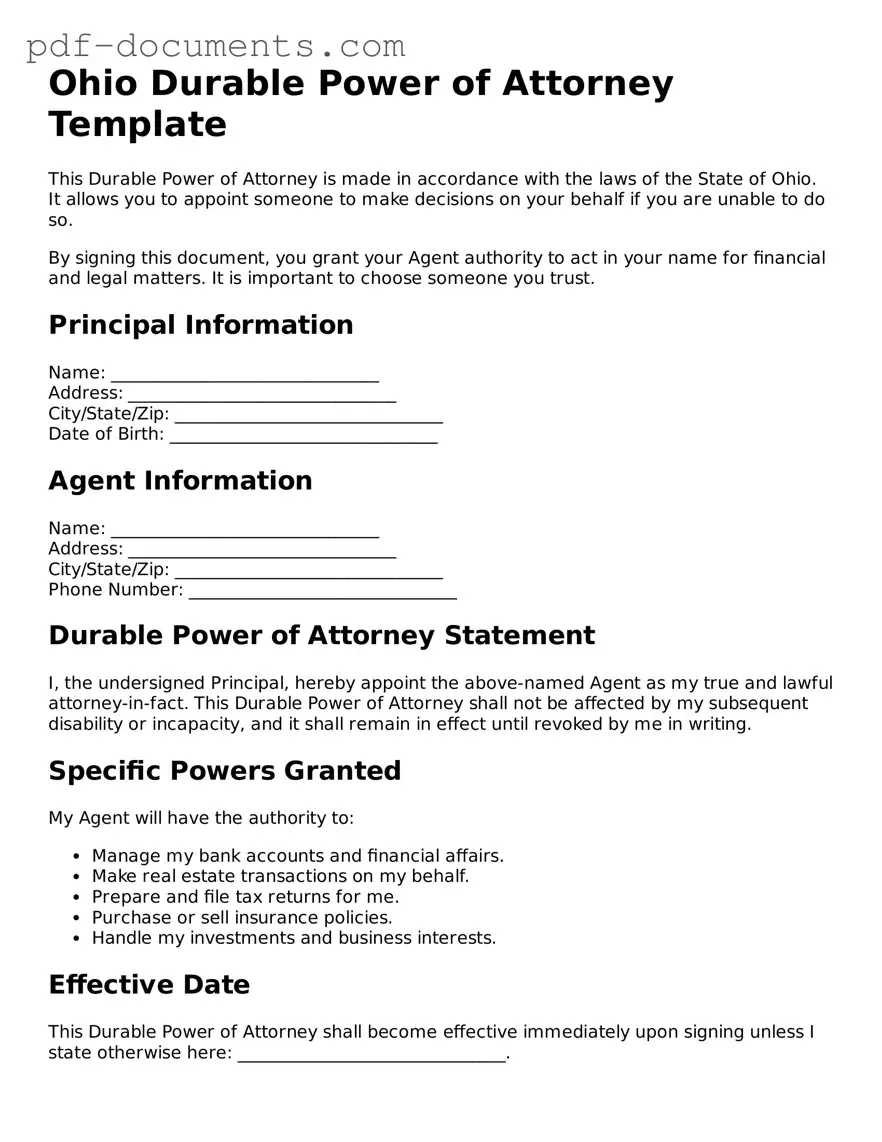 Legal Durable Power of Attorney Template for the State of Ohio
