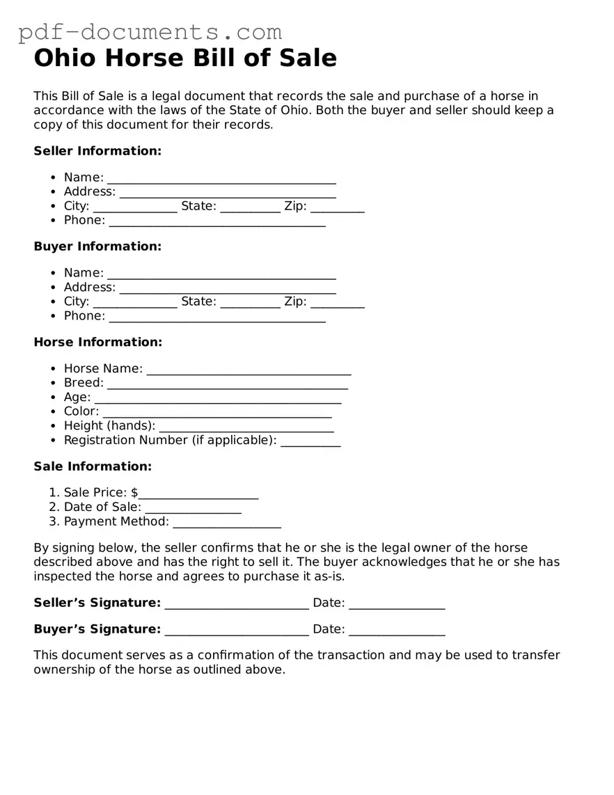 Legal Horse Bill of Sale Template for the State of Ohio