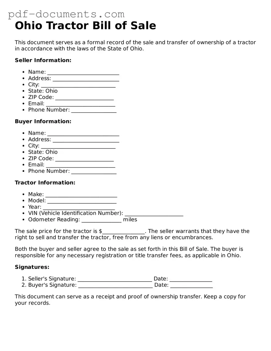 Legal Tractor Bill of Sale Template for the State of Ohio