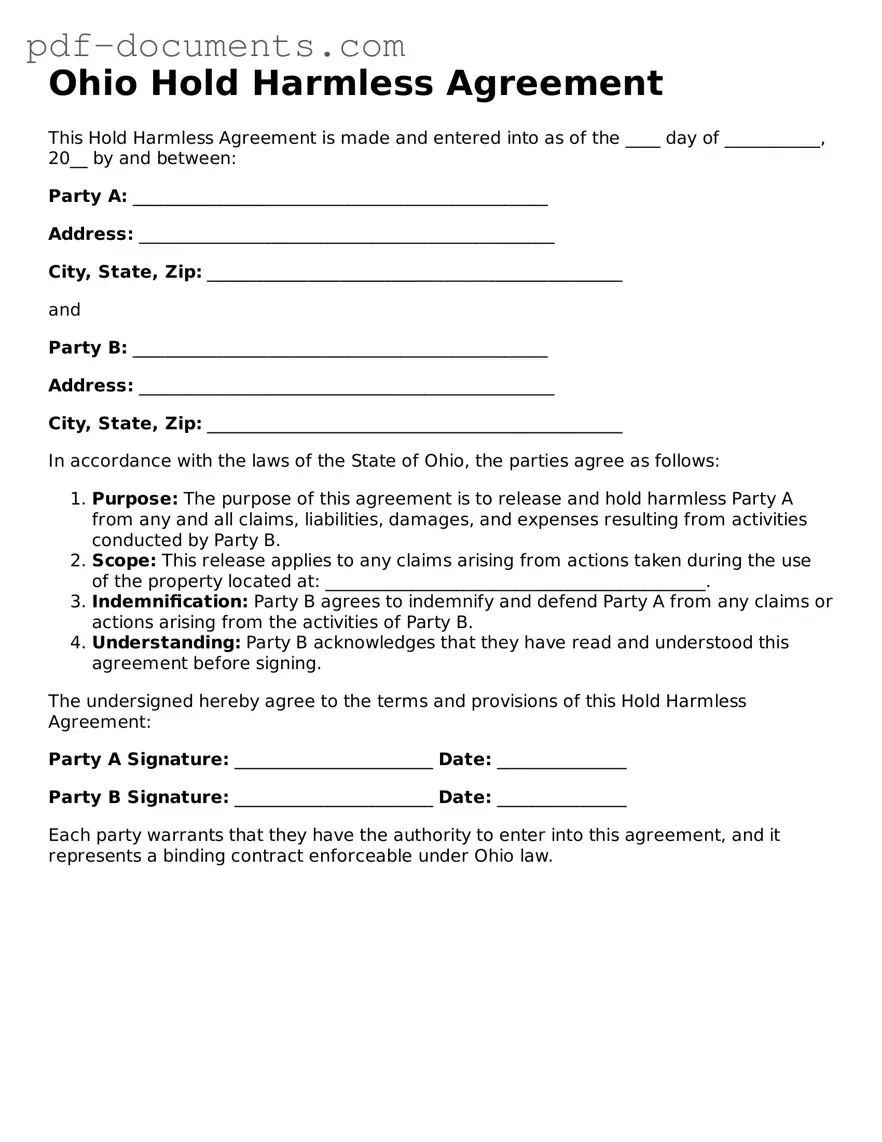 Legal Hold Harmless Agreement Template for the State of Ohio