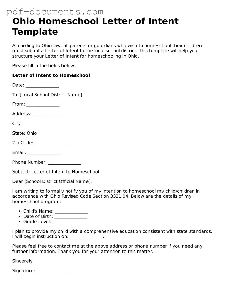 Legal Homeschool Letter of Intent Template for the State of Ohio
