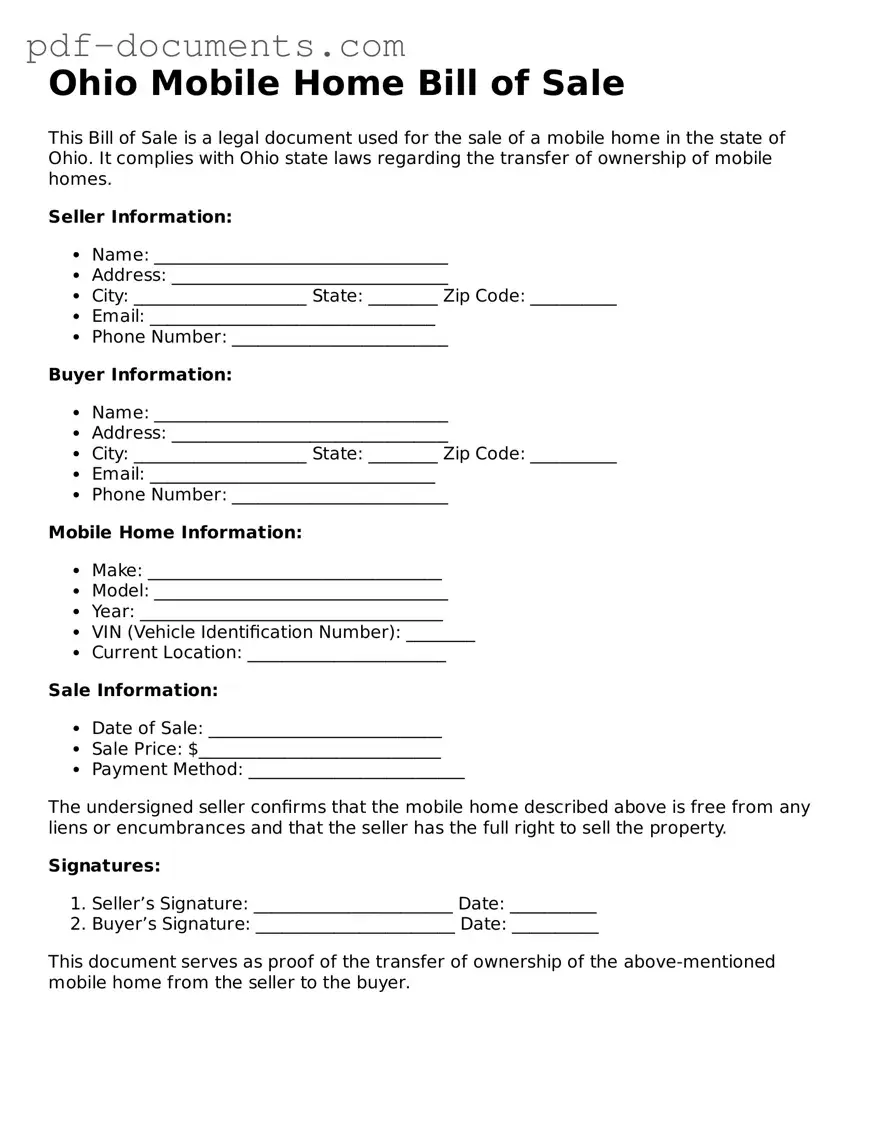 Legal Mobile Home Bill of Sale Template for the State of Ohio
