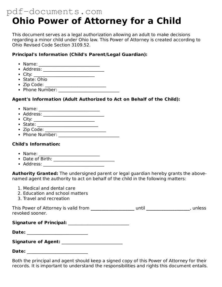 Legal Power of Attorney for a Child Template for the State of Ohio