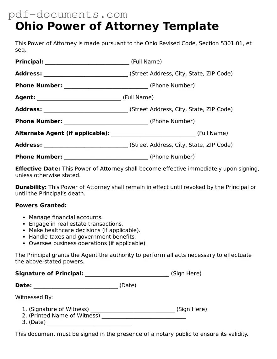 Legal Power of Attorney Template for the State of Ohio