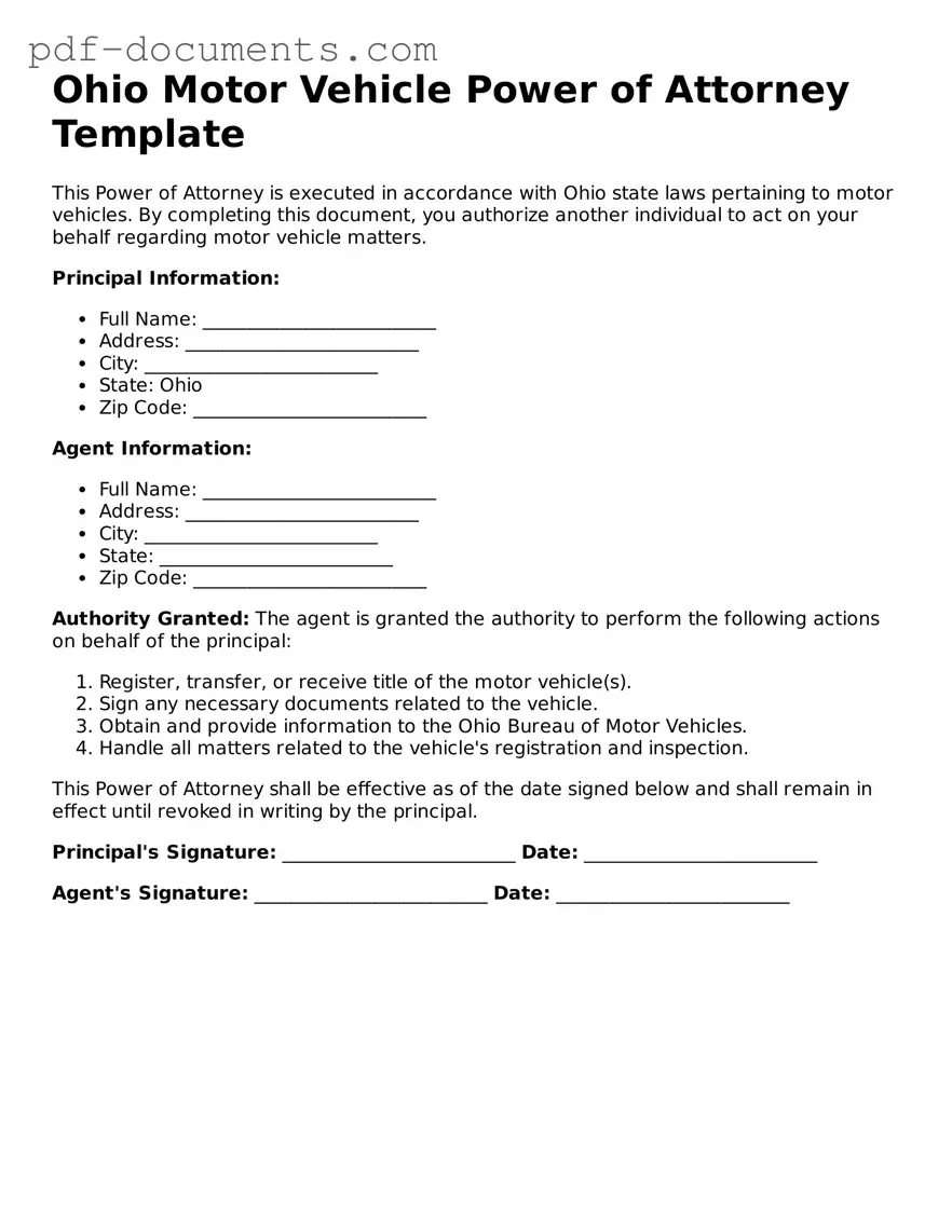 Legal Motor Vehicle Power of Attorney Template for the State of Ohio