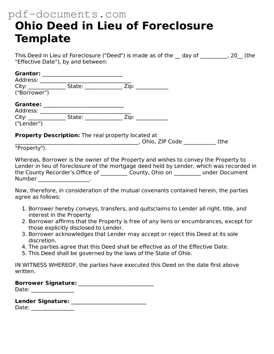 Legal Deed in Lieu of Foreclosure Template for the State of Ohio