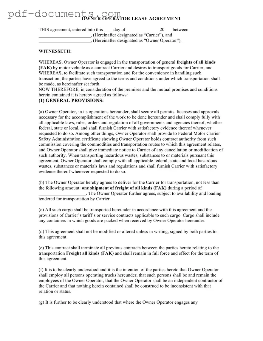 Download Owner Operator Lease Agreement Form
