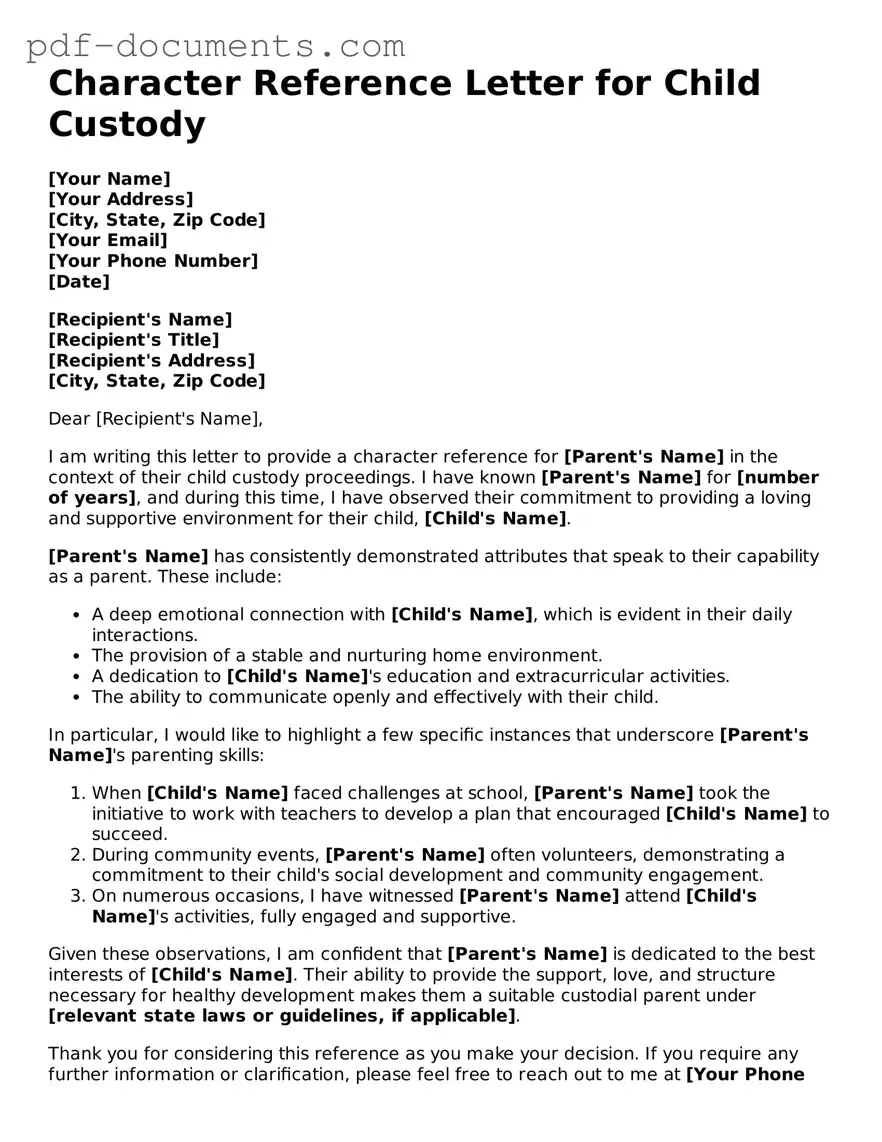 Printable Character Reference Letter for Child Custody Form
