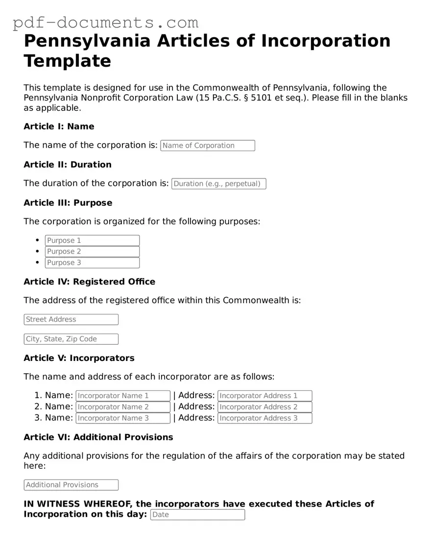 Legal Articles of Incorporation Template for the State of Pennsylvania