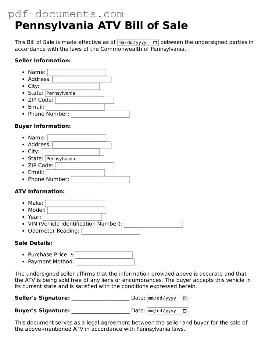 Legal ATV Bill of Sale Template for the State of Pennsylvania