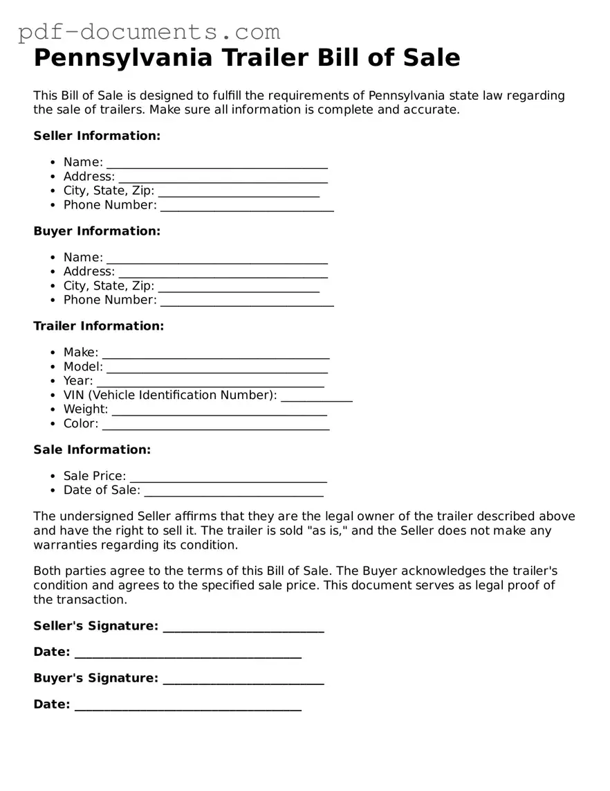 Legal Trailer Bill of Sale Template for the State of Pennsylvania