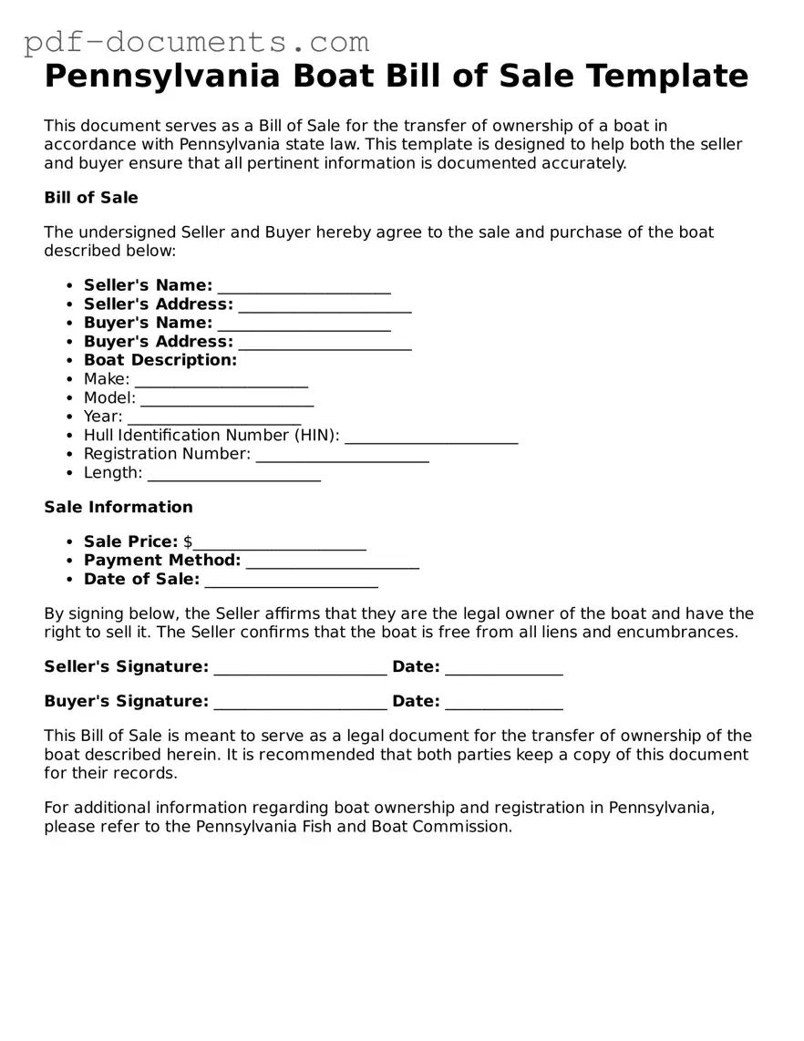 Legal Boat Bill of Sale Template for the State of Pennsylvania