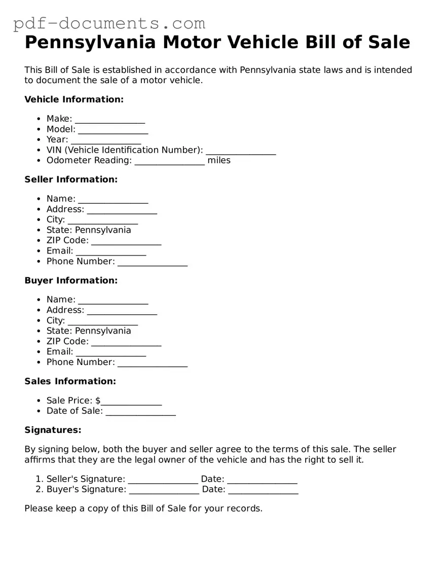 Legal Motor Vehicle Bill of Sale Template for the State of Pennsylvania